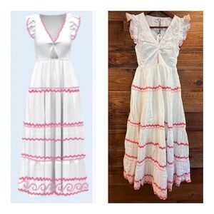 CELINA MOON Flavia White and Pink Cotton Maxi Dress